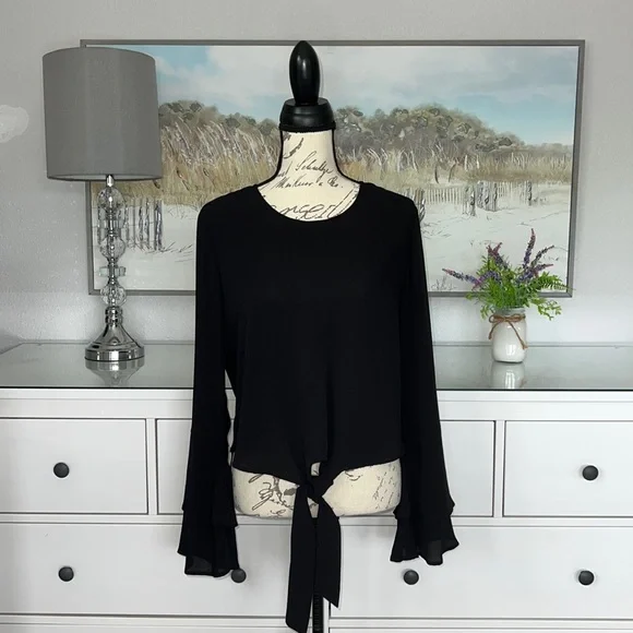 Self 💚 Esteem Bell Sleeve Mid-Crop Pullover Sheer Tie Front Blouse in Jet-black - Picture 2 of 8
